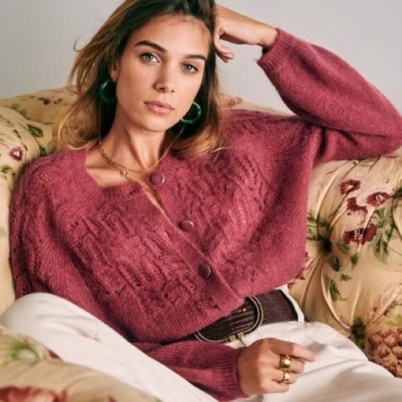Sezane Tonio Mohair Merino Wool Sweater Cardigan Knit Berry Size Small French S - Picture 13 of 14